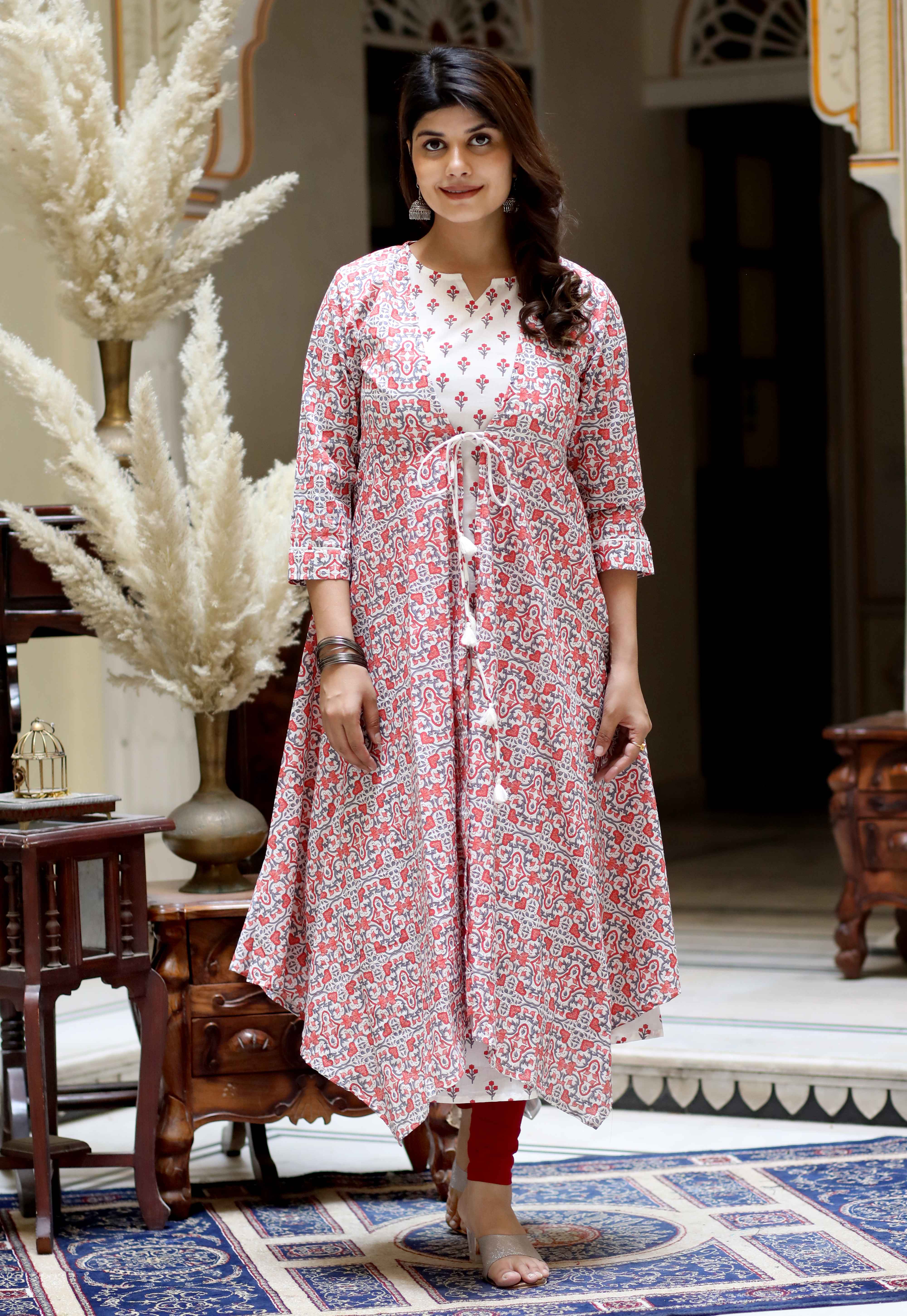 Orange Floral Cotton Sleeveless Anarkali Kurta with Printed Jacket Set